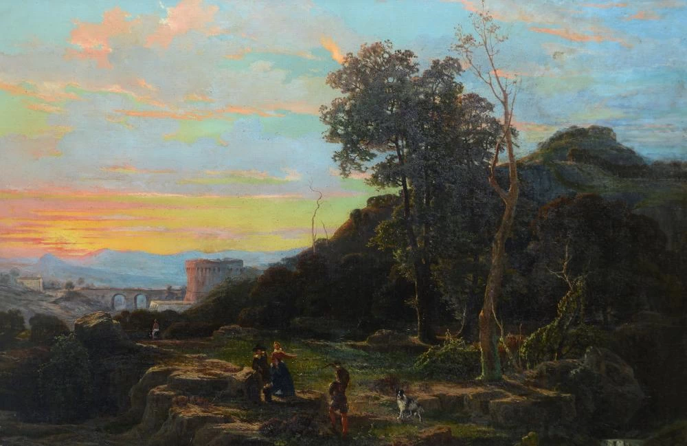 Paesaggio con figure al tramonto